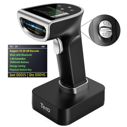Tera HW0015 Kablosuz 1D 2D QR Barkod Okuyucu | Ekranlı & Programlanabilir | Bluetooth + 2.4G + USB Bağlantı | Şarj Standlı El Tipi Tarayıcı