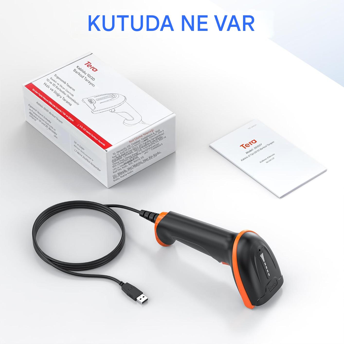 Tera D5100Y Barkod Okuyucu - USB Kablolu, 1D ve 2D QR Kod Okuma, Tak ve Çalıştır, Ergonomik Tasarım, Anti-Şok Silikon, IP54 Toz ve Su Koruma, Çoklu Dil Destekli Barkod Tarayıcı