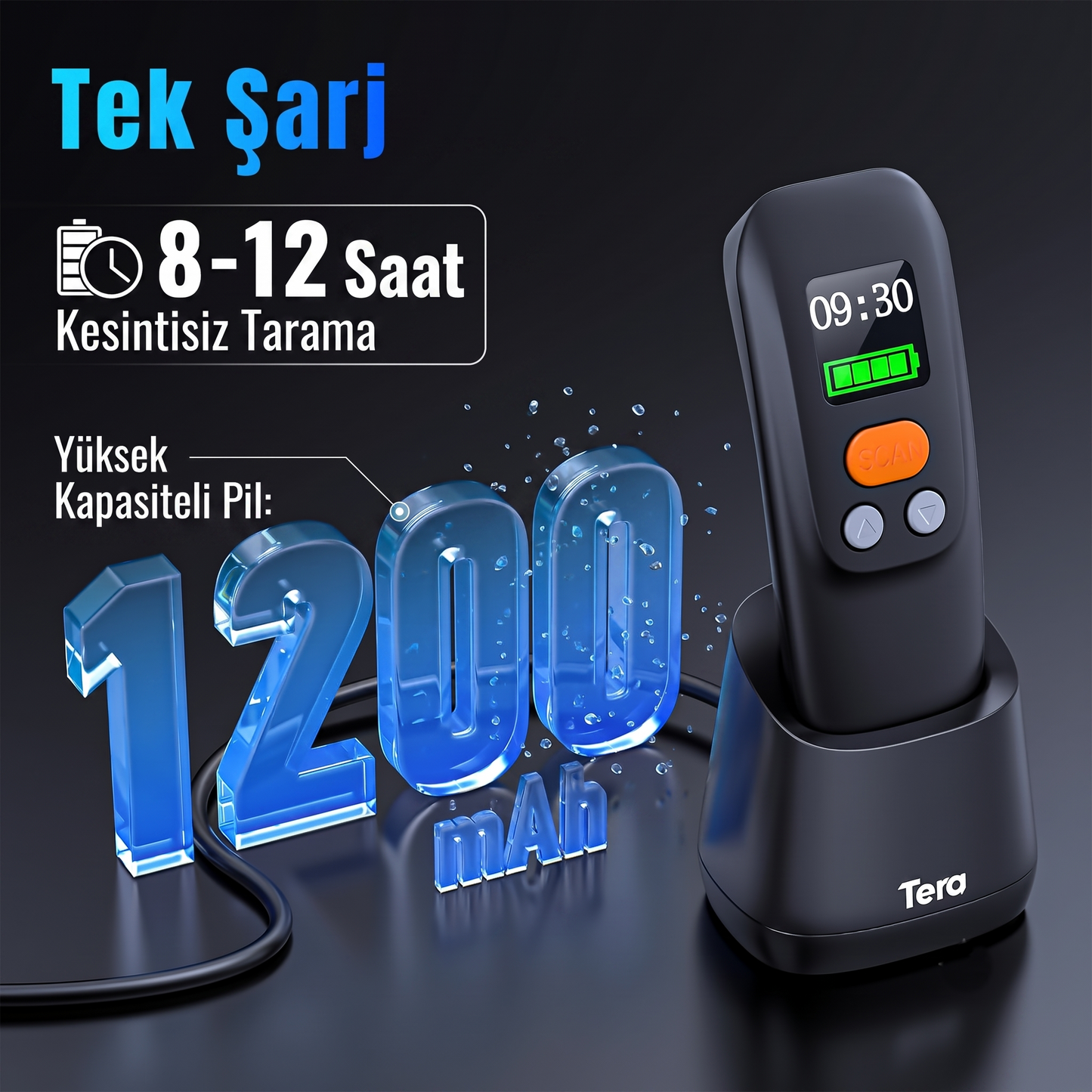 Tera 1600 Kablosuz 1D 2D QR Barkod Okuyucu | Ergonomik El Tipi 3in1 (Bluetooth, 2.4G Kablosuz, USB) | Süper Kod Çözme CMOS Sensörlü Tarayıcı
