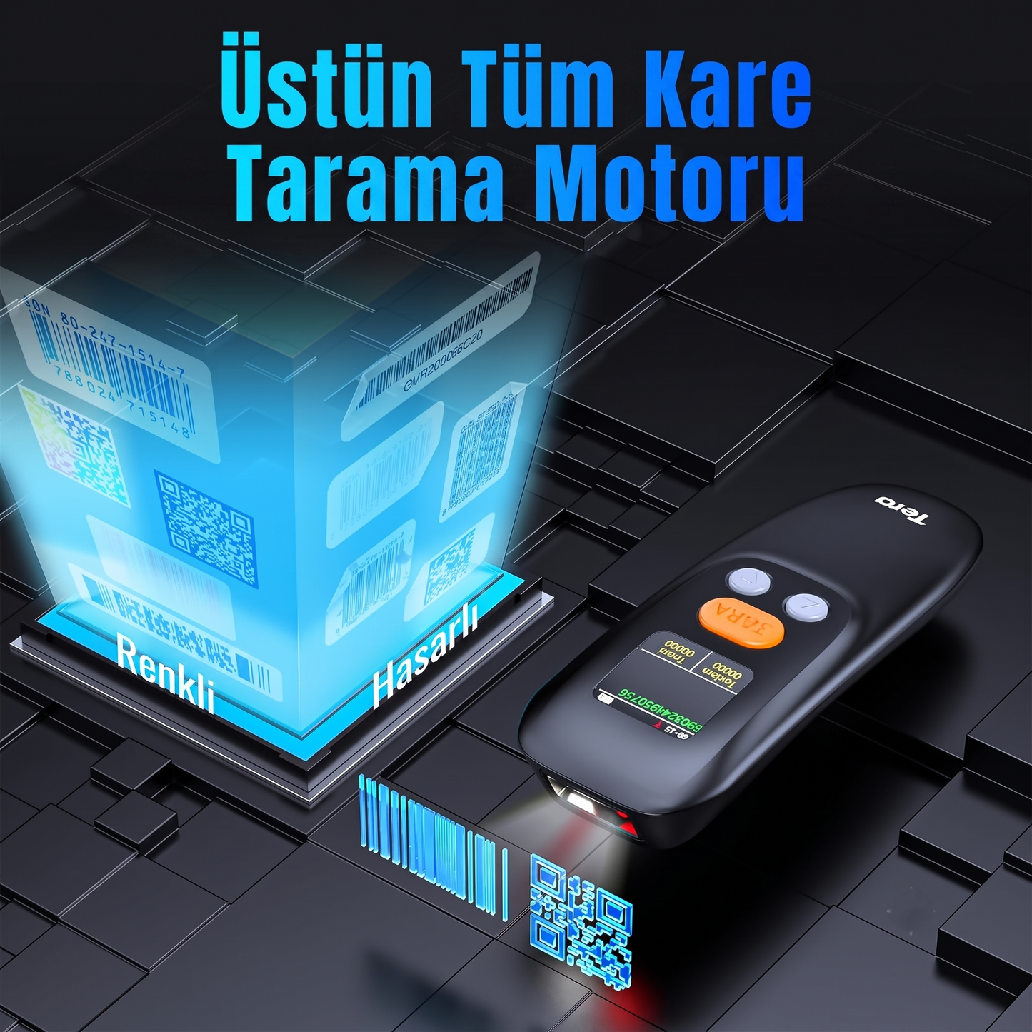 Tera 1600 Kablosuz 1D 2D QR Barkod Okuyucu | Ergonomik El Tipi 3in1 (Bluetooth, 2.4G Kablosuz, USB) | Süper Kod Çözme CMOS Sensörlü Tarayıcı