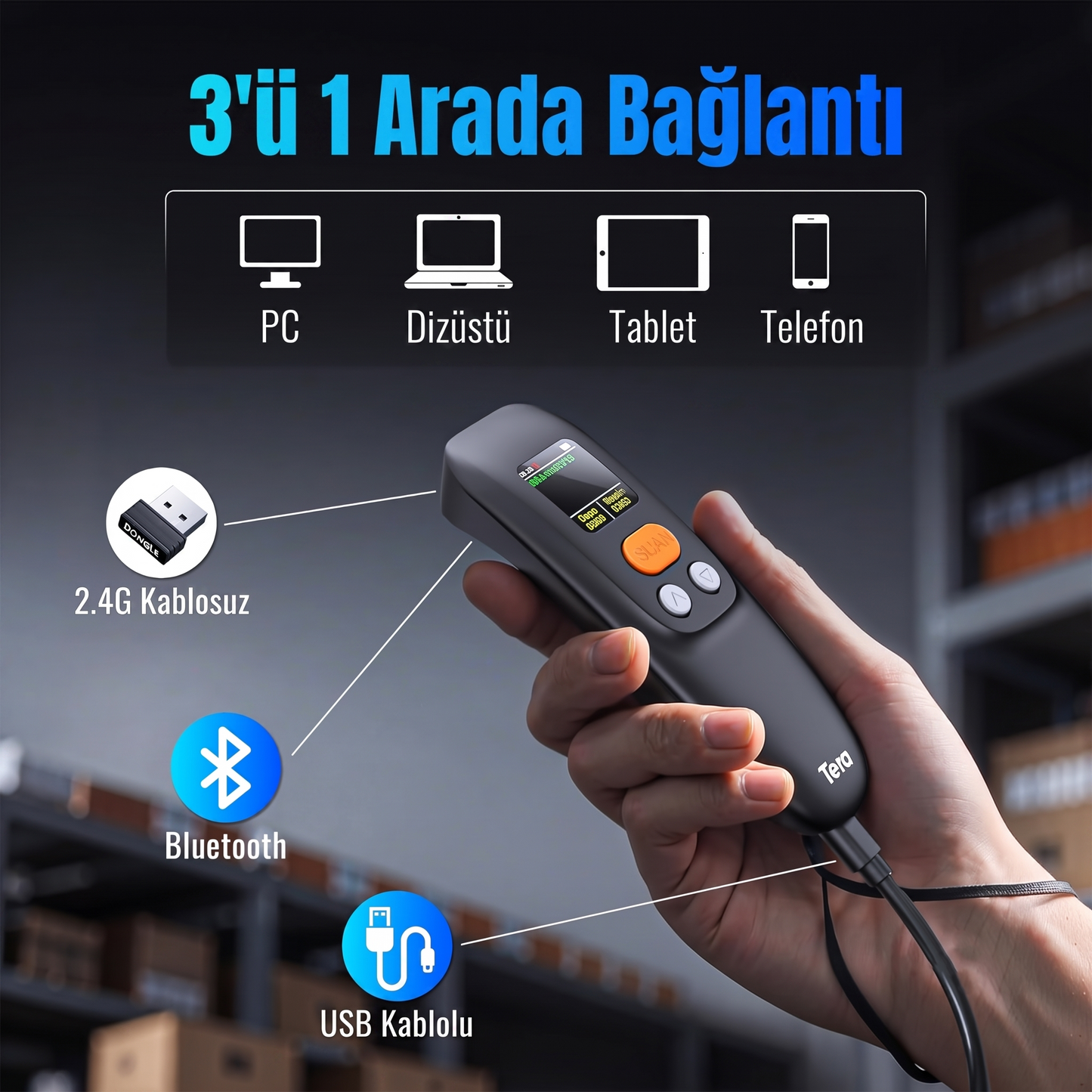 Tera 1600 Kablosuz 1D 2D QR Barkod Okuyucu | Ergonomik El Tipi 3in1 (Bluetooth, 2.4G Kablosuz, USB) | Süper Kod Çözme CMOS Sensörlü Tarayıcı