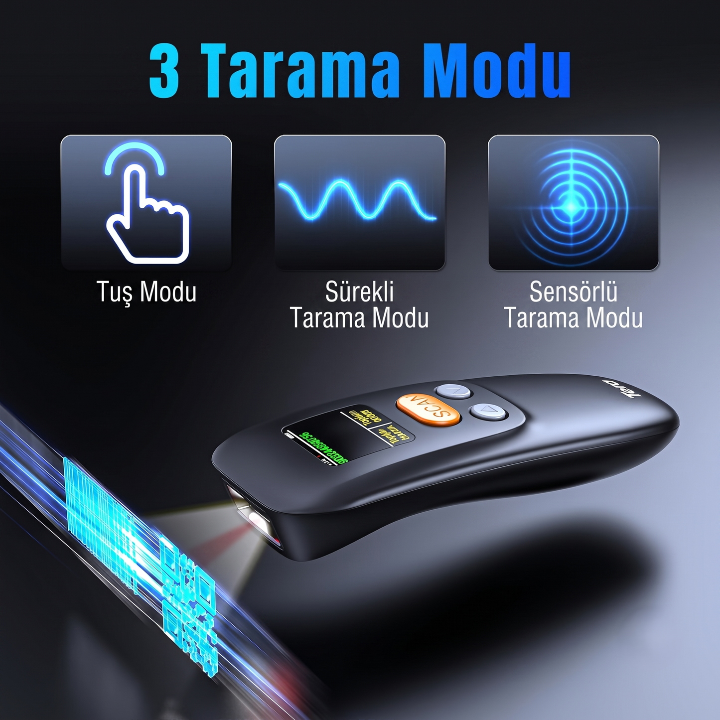 Tera 1600 Kablosuz 1D 2D QR Barkod Okuyucu | Ergonomik El Tipi 3in1 (Bluetooth, 2.4G Kablosuz, USB) | Süper Kod Çözme CMOS Sensörlü Tarayıcı