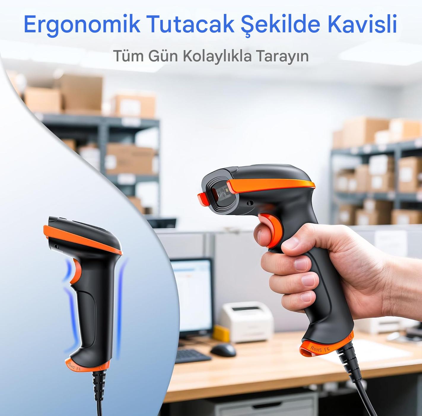 Tera D5100Y Barkod Okuyucu - USB Kablolu, 1D ve 2D QR Kod Okuma, Tak ve Çalıştır, Ergonomik Tasarım, Anti-Şok Silikon, IP54 Toz ve Su Koruma, Çoklu Dil Destekli Barkod Tarayıcı