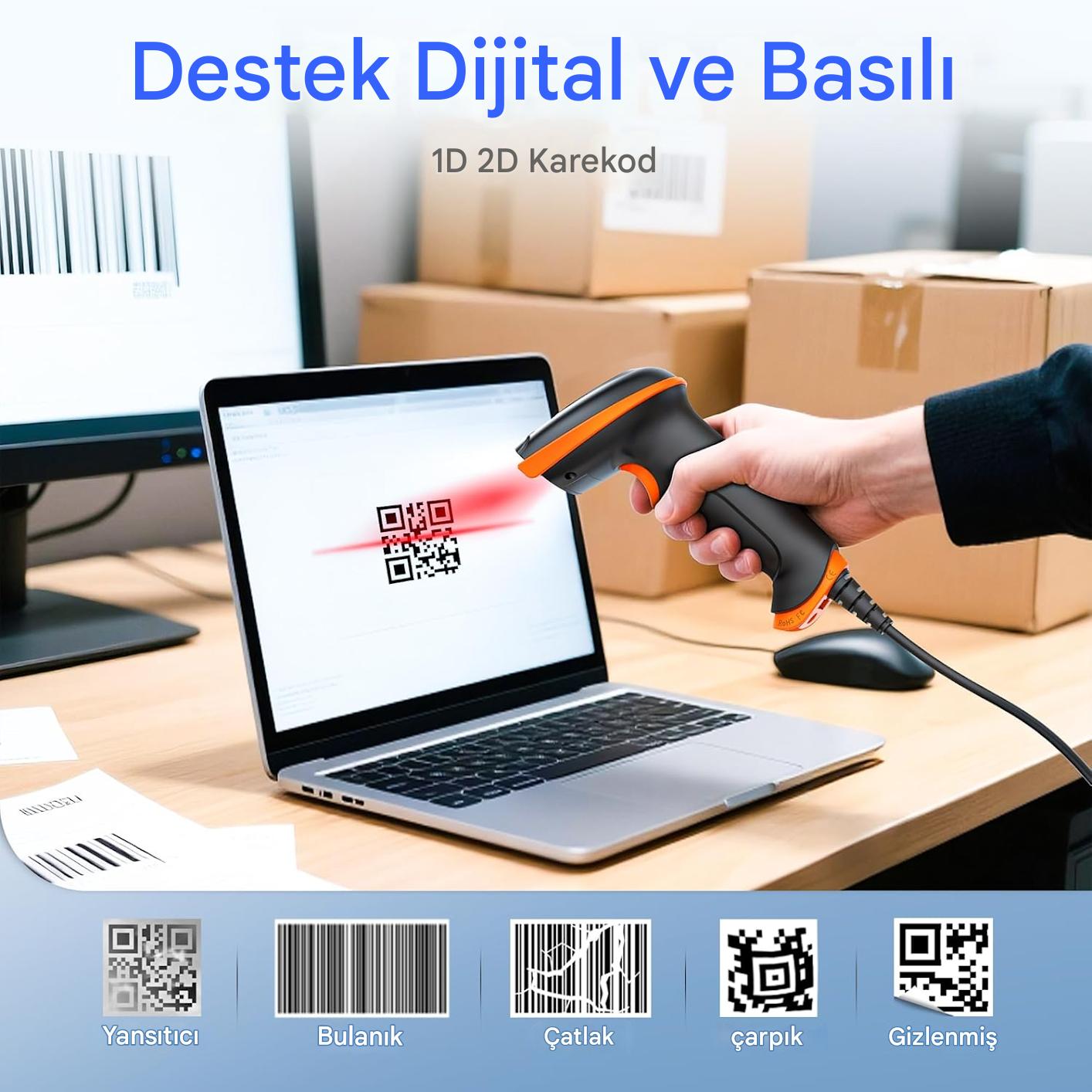 Tera D5100Y Barkod Okuyucu - USB Kablolu, 1D ve 2D QR Kod Okuma, Tak ve Çalıştır, Ergonomik Tasarım, Anti-Şok Silikon, IP54 Toz ve Su Koruma, Çoklu Dil Destekli Barkod Tarayıcı