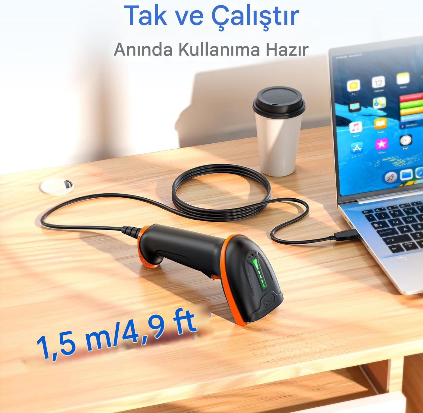 Tera D5100Y Barkod Okuyucu - USB Kablolu, 1D ve 2D QR Kod Okuma, Tak ve Çalıştır, Ergonomik Tasarım, Anti-Şok Silikon, IP54 Toz ve Su Koruma, Çoklu Dil Destekli Barkod Tarayıcı
